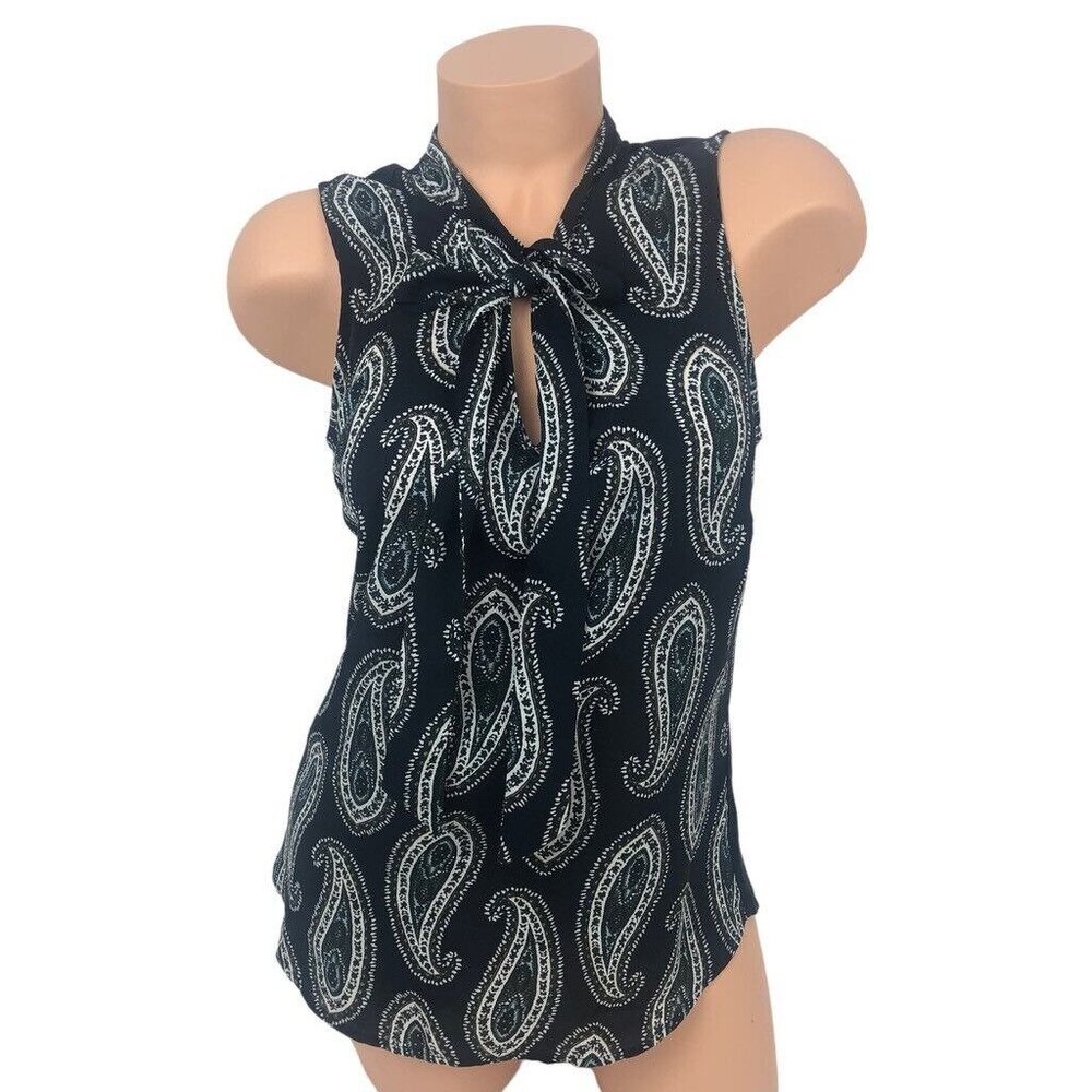 ANN TAYLOR Size S Paisley Print Sleeveless Blouse‎ Top Tie Neck Keyhole Tank Top